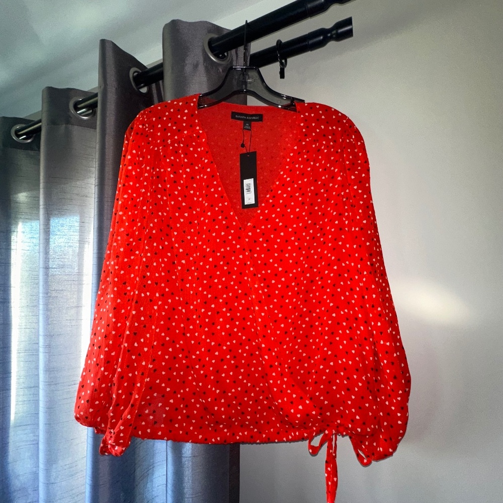 NWT Banana Republic Red Faux Wrap Balloon Sleeve Blouse - size M